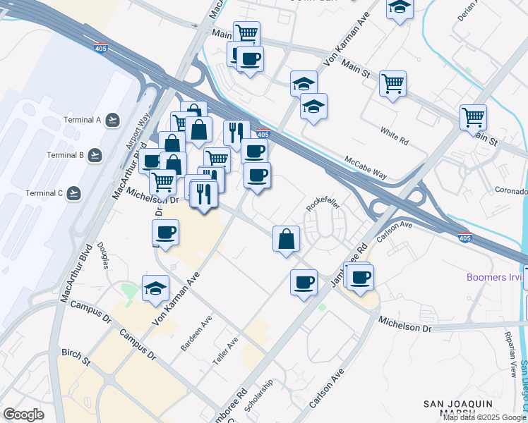 map of restaurants, bars, coffee shops, grocery stores, and more near 18500 Von Karman Avenue in Irvine