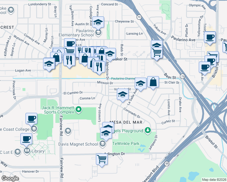 map of restaurants, bars, coffee shops, grocery stores, and more near 1033 Valencia Street in Costa Mesa
