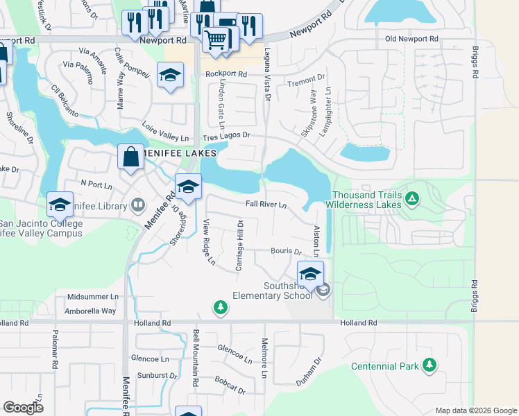 map of restaurants, bars, coffee shops, grocery stores, and more near 29221 Fall River Lane in Menifee