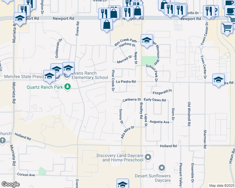 map of restaurants, bars, coffee shops, grocery stores, and more near 26805 Wildflower Street in Menifee