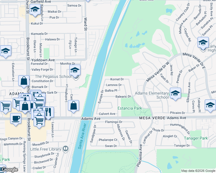 map of restaurants, bars, coffee shops, grocery stores, and more near 2025 Lemnos Drive in Costa Mesa