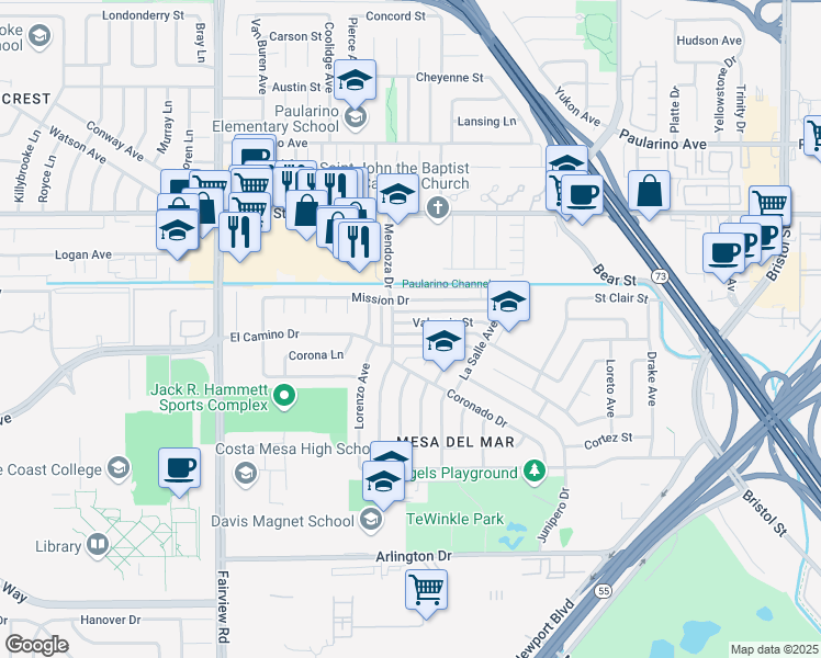 map of restaurants, bars, coffee shops, grocery stores, and more near 1027 Valencia Street in Costa Mesa