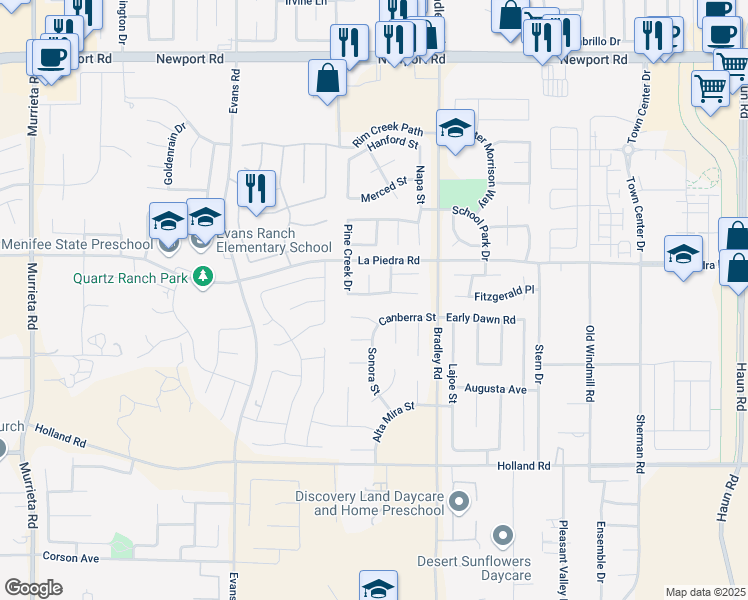 map of restaurants, bars, coffee shops, grocery stores, and more near 26805 Wildflower Street in Menifee