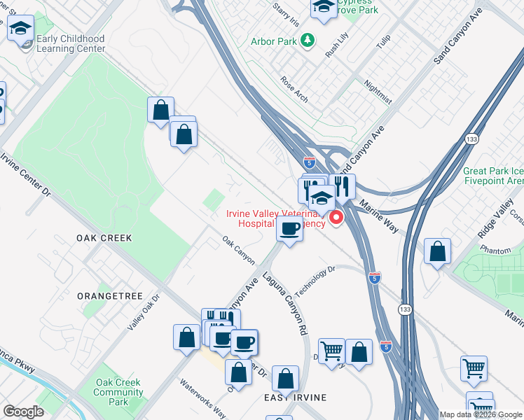map of restaurants, bars, coffee shops, grocery stores, and more near 6485 Oak Canyon in Irvine