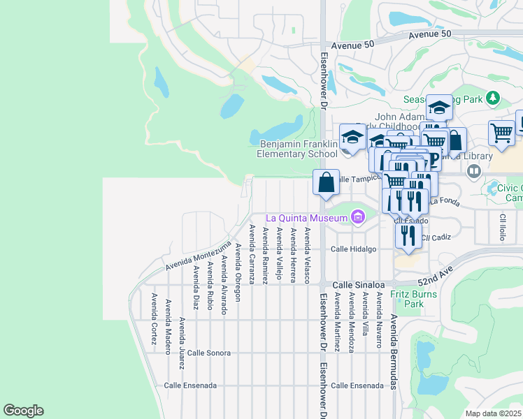 map of restaurants, bars, coffee shops, grocery stores, and more near 51225 Avenue Ramirez in La Quinta