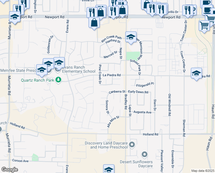 map of restaurants, bars, coffee shops, grocery stores, and more near 26835 Wildflower Street in Menifee