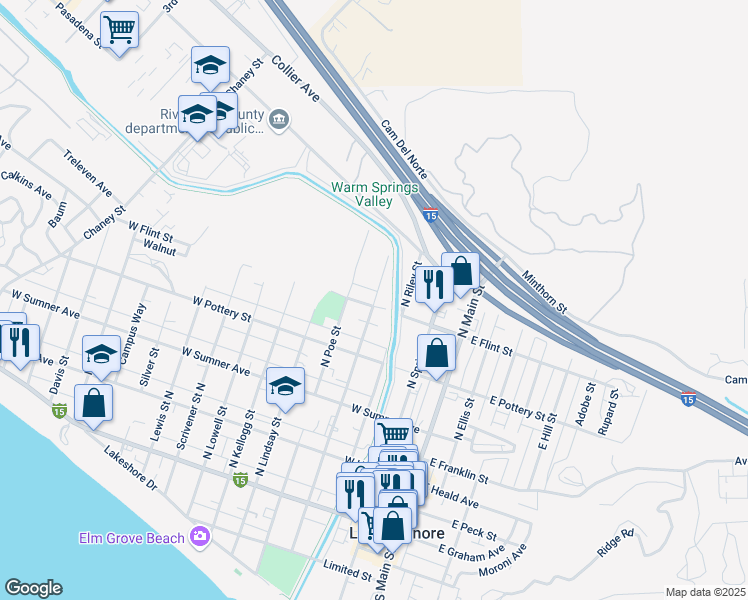 map of restaurants, bars, coffee shops, grocery stores, and more near 401 West Flint Street in Lake Elsinore