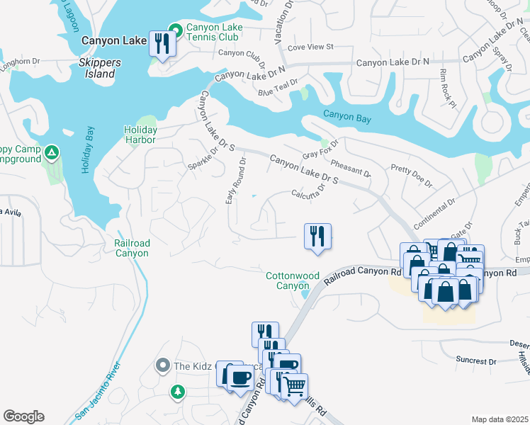 map of restaurants, bars, coffee shops, grocery stores, and more near 22627 Calcutta Drive in Canyon Lake