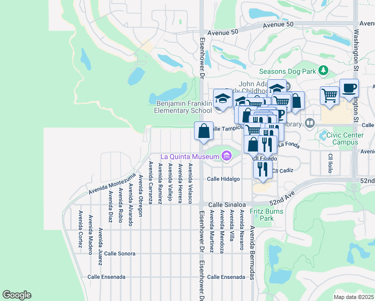 map of restaurants, bars, coffee shops, grocery stores, and more near 51245 Avenida Velasco in La Quinta