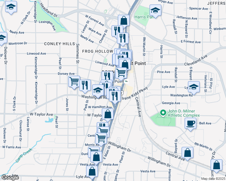 map of restaurants, bars, coffee shops, grocery stores, and more near 2892 East Point Street in Atlanta