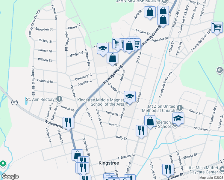 map of restaurants, bars, coffee shops, grocery stores, and more near 112 Gourdin Street in Kingstree
