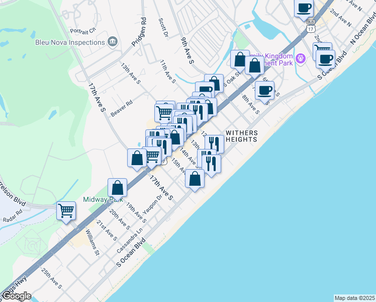 map of restaurants, bars, coffee shops, grocery stores, and more near 408 14th Avenue South in Myrtle Beach