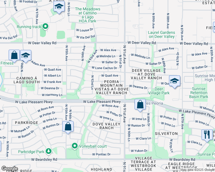 map of restaurants, bars, coffee shops, grocery stores, and more near 21242 North 91st Lane in Peoria