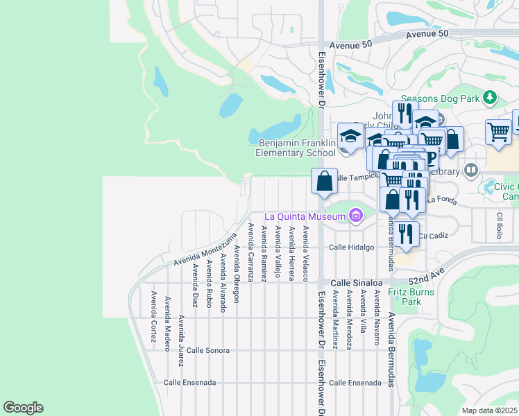 map of restaurants, bars, coffee shops, grocery stores, and more near 51225 Avenue Ramirez in La Quinta