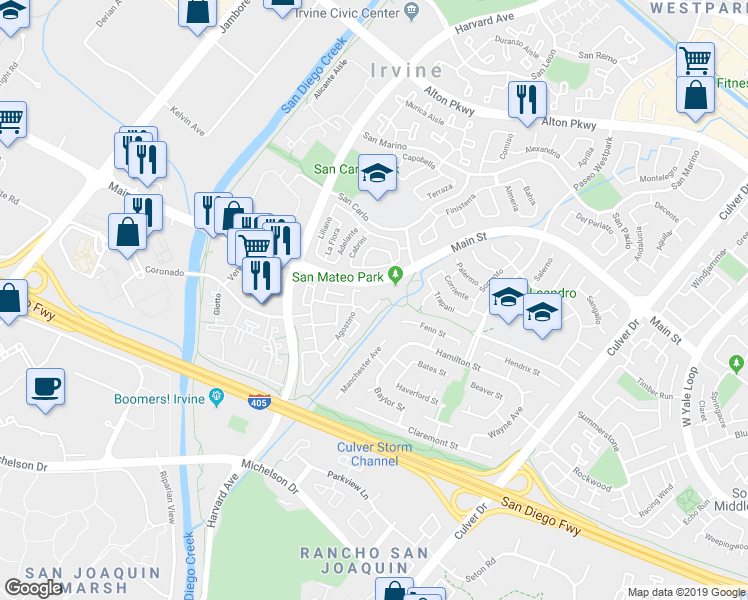 map of restaurants, bars, coffee shops, grocery stores, and more near 144 Agostino in Irvine