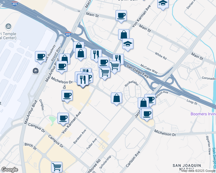 map of restaurants, bars, coffee shops, grocery stores, and more near 18500 Von Karman Avenue in Irvine