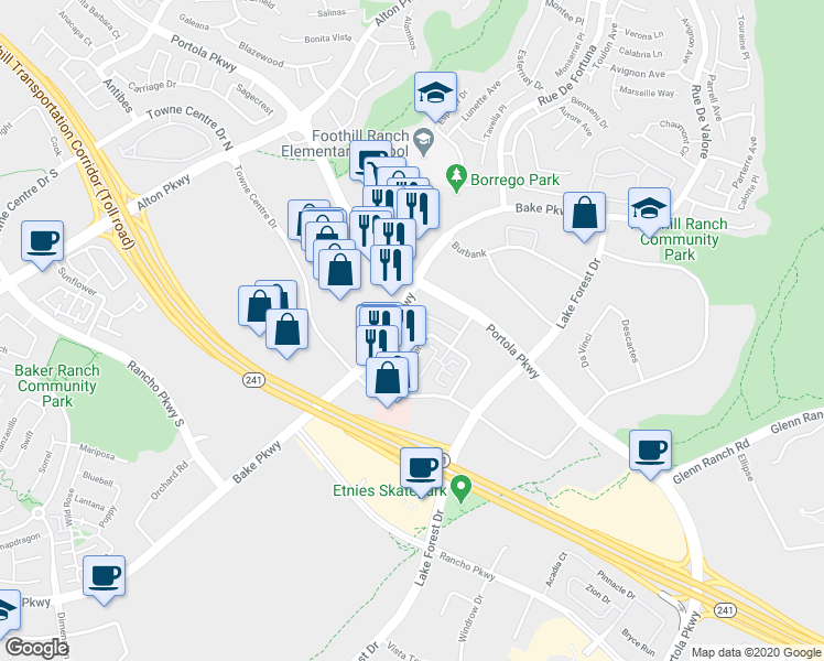 map of restaurants, bars, coffee shops, grocery stores, and more near 1009 El Paseo in Lake Forest