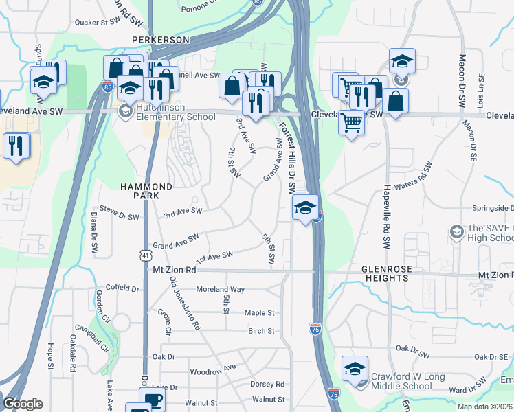 map of restaurants, bars, coffee shops, grocery stores, and more near 2874 Grand Avenue Southwest in Atlanta