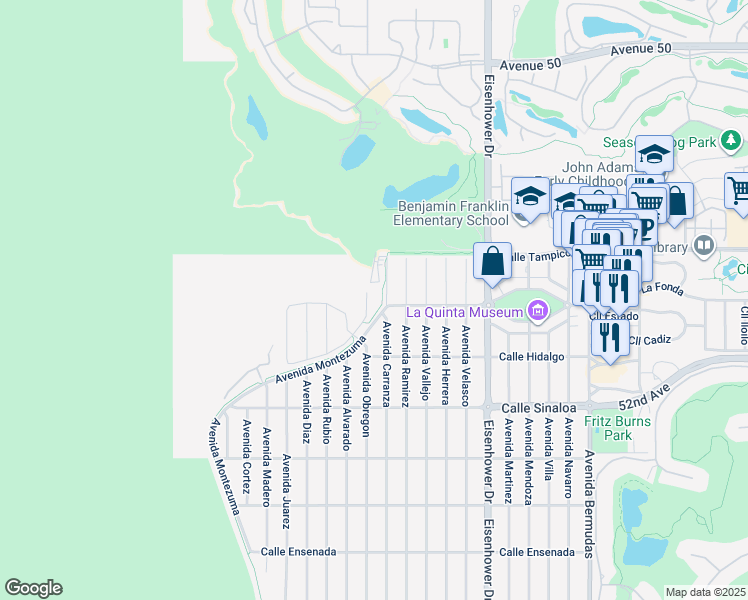 map of restaurants, bars, coffee shops, grocery stores, and more near 51230 Avenue Obregon in La Quinta