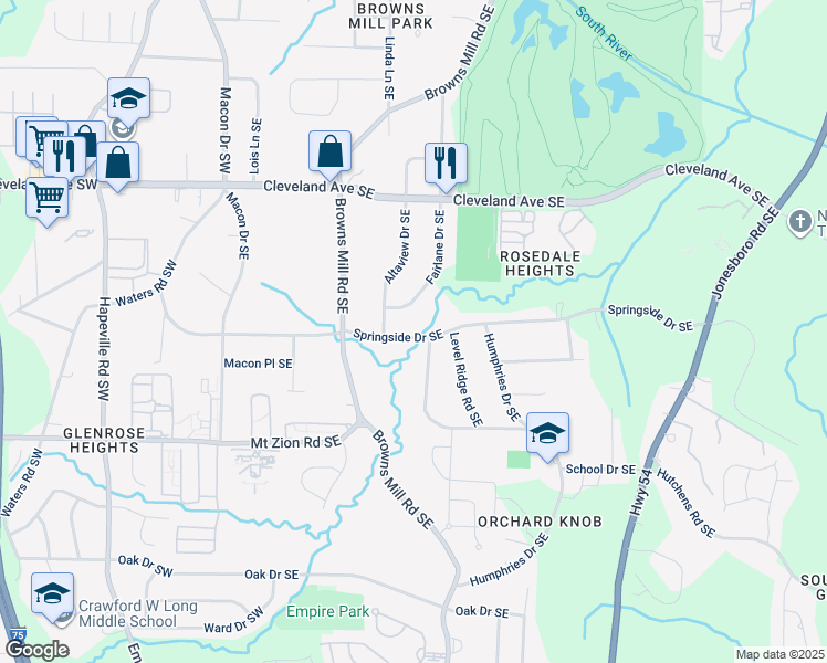 map of restaurants, bars, coffee shops, grocery stores, and more near 256 Springside Drive Southeast in Atlanta