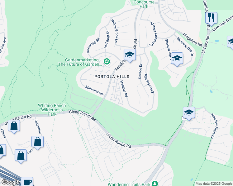 map of restaurants, bars, coffee shops, grocery stores, and more near 28535 Trento Way in Trabuco Canyon