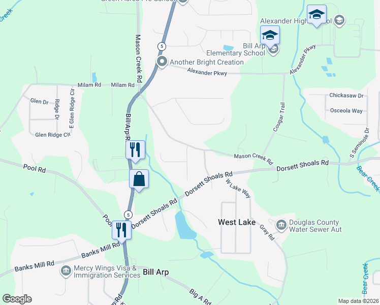 map of restaurants, bars, coffee shops, grocery stores, and more near 4651 Mason Court in Douglasville