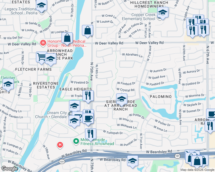 map of restaurants, bars, coffee shops, grocery stores, and more near 7453 West Firebird Drive in Glendale