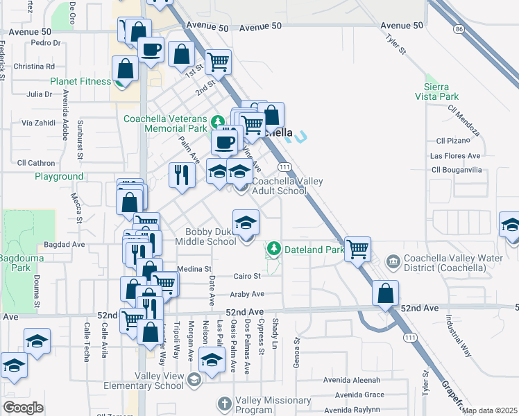 map of restaurants, bars, coffee shops, grocery stores, and more near 9th Street in Coachella