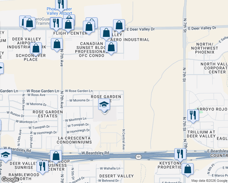 map of restaurants, bars, coffee shops, grocery stores, and more near 139 W Rose Garden Ln in Phoenix