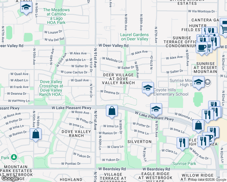 map of restaurants, bars, coffee shops, grocery stores, and more near 8940 West Deanna Drive in Peoria