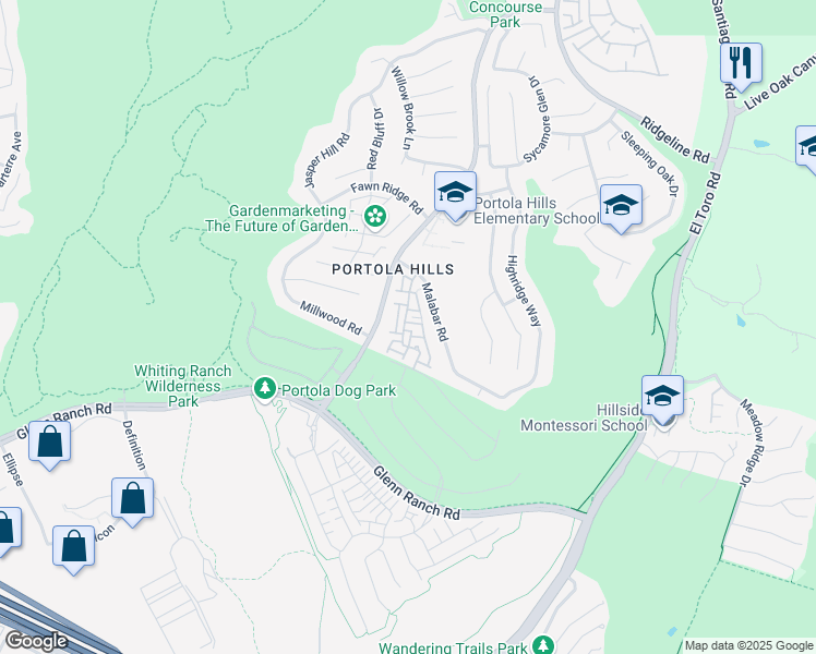 map of restaurants, bars, coffee shops, grocery stores, and more near 28496 Sassetta Way in Trabuco Canyon