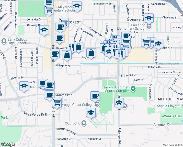 map of restaurants, bars, coffee shops, grocery stores, and more near 1300 Adams Avenue in Costa Mesa