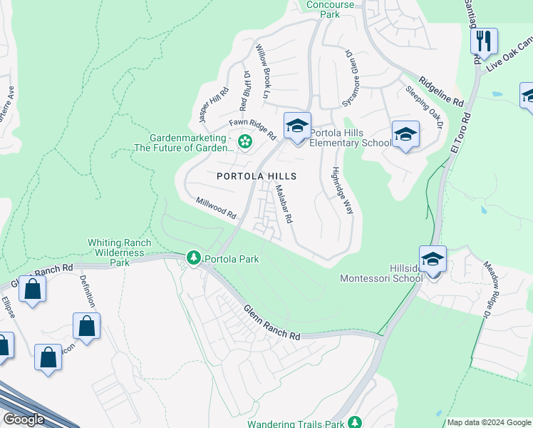 map of restaurants, bars, coffee shops, grocery stores, and more near 19565 Arezzo Street in Trabuco Canyon