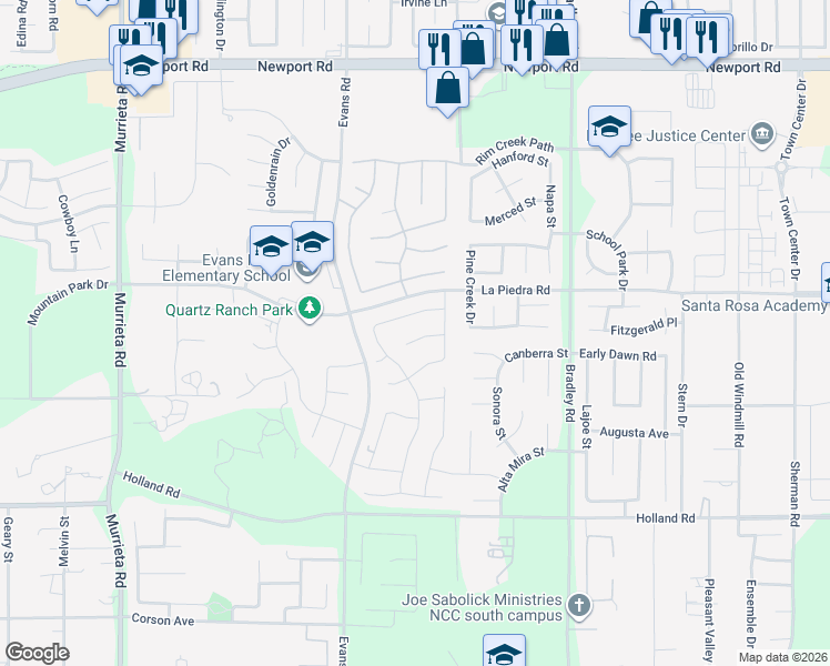 map of restaurants, bars, coffee shops, grocery stores, and more near 26576 Scotch Pine Circle in Menifee