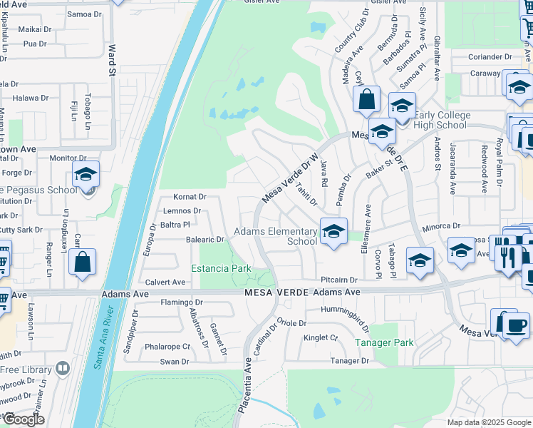 map of restaurants, bars, coffee shops, grocery stores, and more near 1862 Elba Circle in Costa Mesa