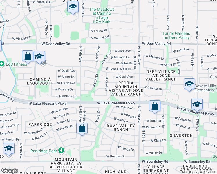 map of restaurants, bars, coffee shops, grocery stores, and more near 9320 West Deanna Drive in Peoria