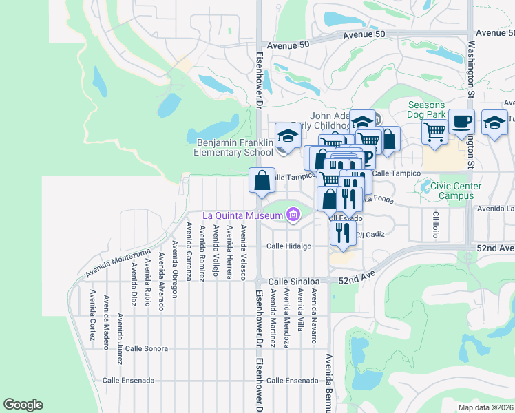 map of restaurants, bars, coffee shops, grocery stores, and more near 51225 Eisenhower Drive in La Quinta
