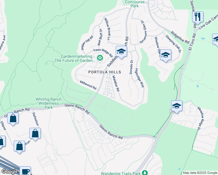map of restaurants, bars, coffee shops, grocery stores, and more near 28535 Trento Way in Trabuco Canyon