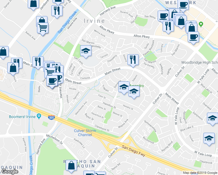 map of restaurants, bars, coffee shops, grocery stores, and more near 18 Trapani in Irvine