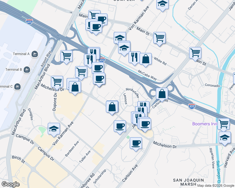 map of restaurants, bars, coffee shops, grocery stores, and more near 505 Rockefeller in Irvine