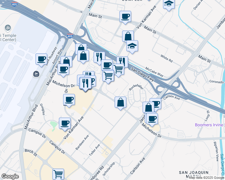 map of restaurants, bars, coffee shops, grocery stores, and more near 18420 Von Karman Avenue in Irvine