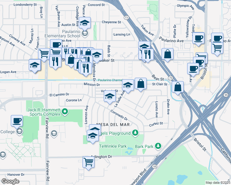 map of restaurants, bars, coffee shops, grocery stores, and more near 989 Valencia Street in Costa Mesa