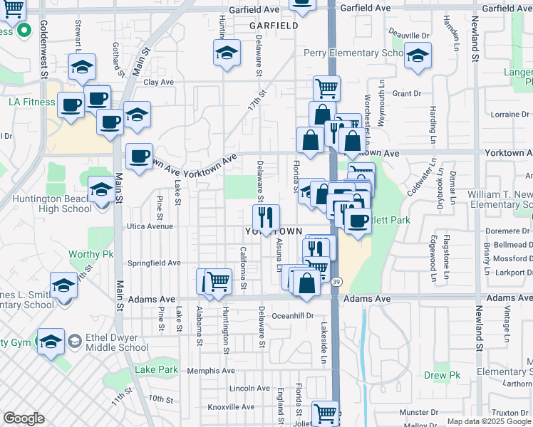 map of restaurants, bars, coffee shops, grocery stores, and more near 2114 Delaware Street in Huntington Beach