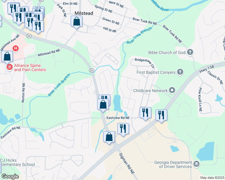 map of restaurants, bars, coffee shops, grocery stores, and more near 1260 Brookstone Cir in Conyers