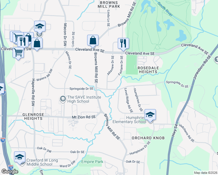 map of restaurants, bars, coffee shops, grocery stores, and more near 2870 Altaview Drive Southeast in Atlanta