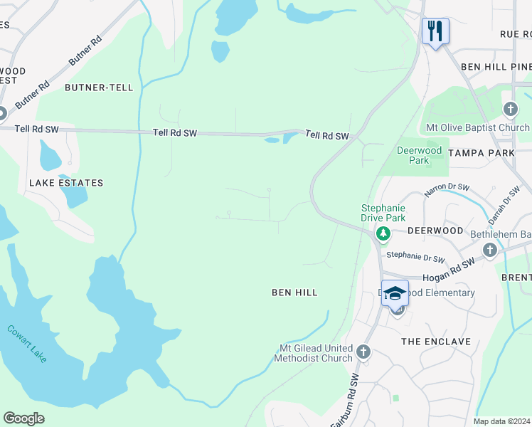 map of restaurants, bars, coffee shops, grocery stores, and more near 4009 Riverchess Drive Southwest in Atlanta