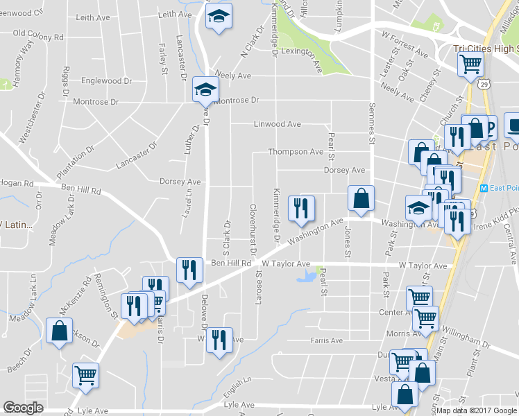 map of restaurants, bars, coffee shops, grocery stores, and more near 2894 Cloverhurst Drive in East Point