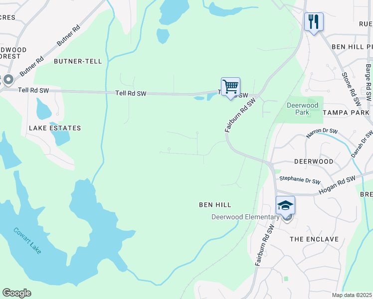 map of restaurants, bars, coffee shops, grocery stores, and more near 4009 Riverchess Drive Southwest in Atlanta