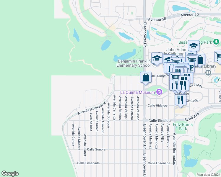 map of restaurants, bars, coffee shops, grocery stores, and more near 51230 Avenue Obregon in La Quinta