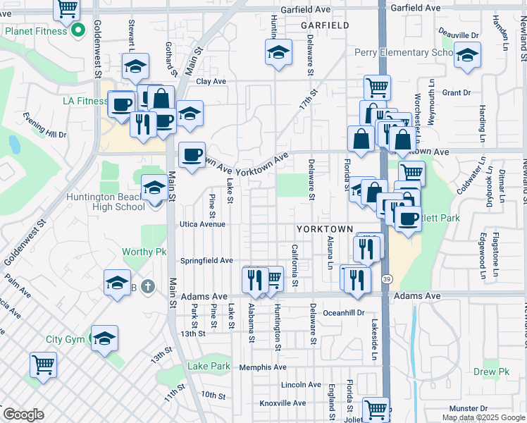 map of restaurants, bars, coffee shops, grocery stores, and more near 216 Venice Avenue in Huntington Beach